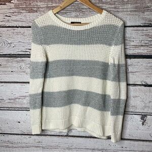 a.n.a A New Approach Petite Medium Gray Cream Stripe Open Knit Crew Neck Sweater